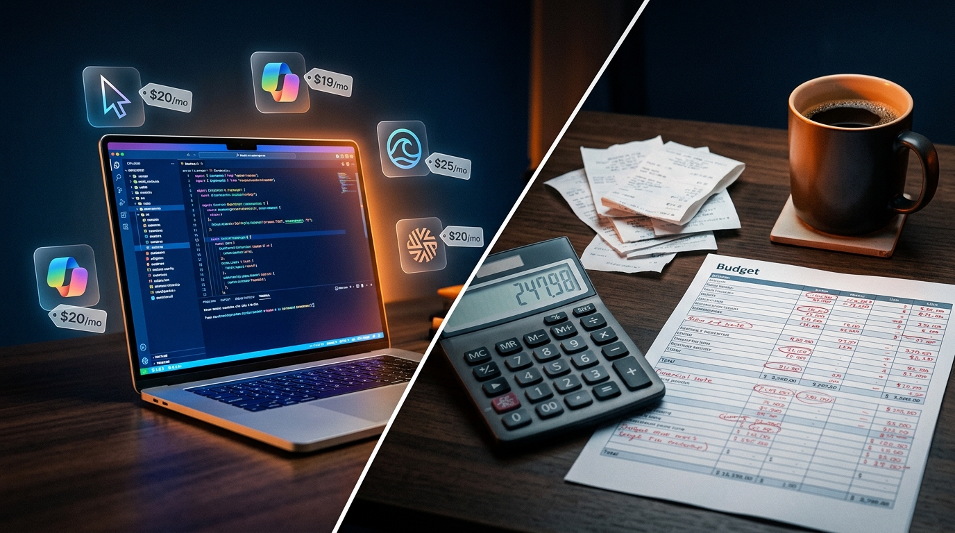 Developer desk split between sleek AI coding tools with visible price tags on the left and a calculator with crumpled receipts on the right, moody blue and orange lighting