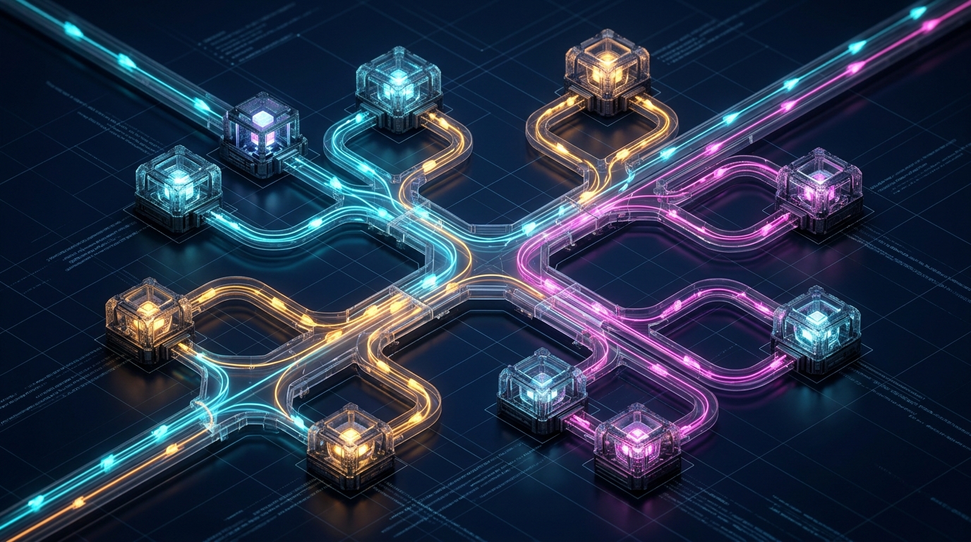 Futuristic 3D architectural diagram of an event-driven AI agent system with glowing agent nodes connected by directional light pulses flowing through a central event bus against a dark technical grid background